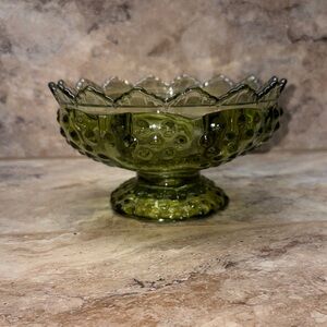 Vintage FENTON Avocado Glass Footed 3 3/4" Tall Hobnail Candle Dish Holder